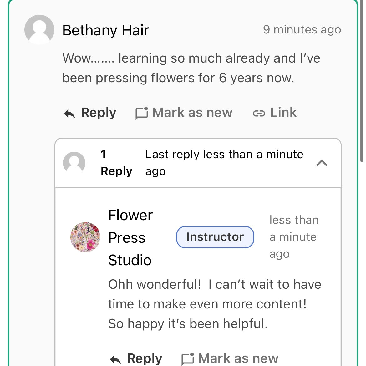 A positive review from a customer that bought Flower Press Studio's flower pressing course.