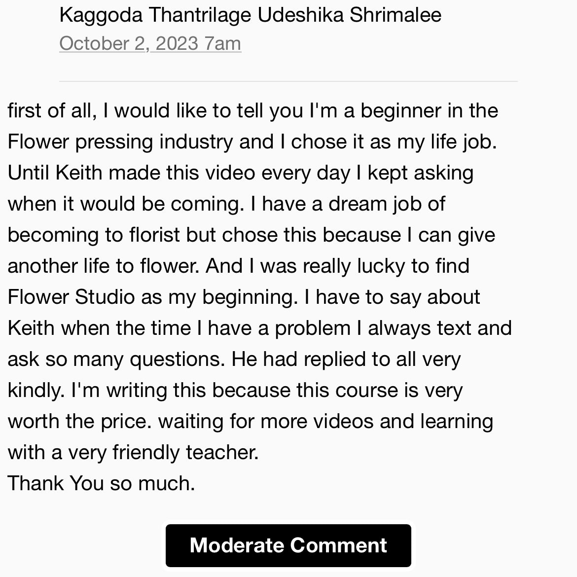 A positive review about Flower Press Studio's flower pressing course.