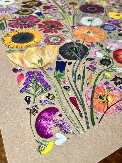 A photo of Colorful Pressed Flowers on Brown paper print