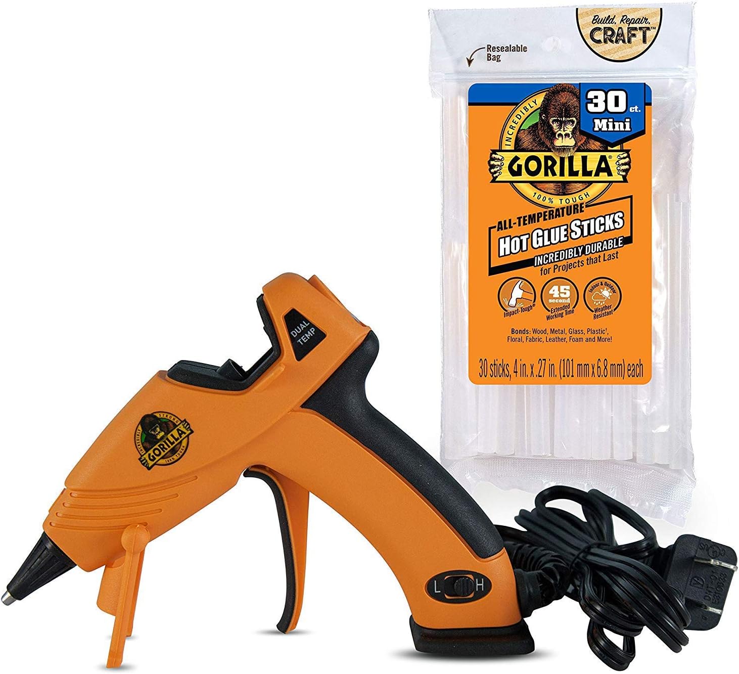 Gorilla glue kit with glue sticks and hot glue gun.