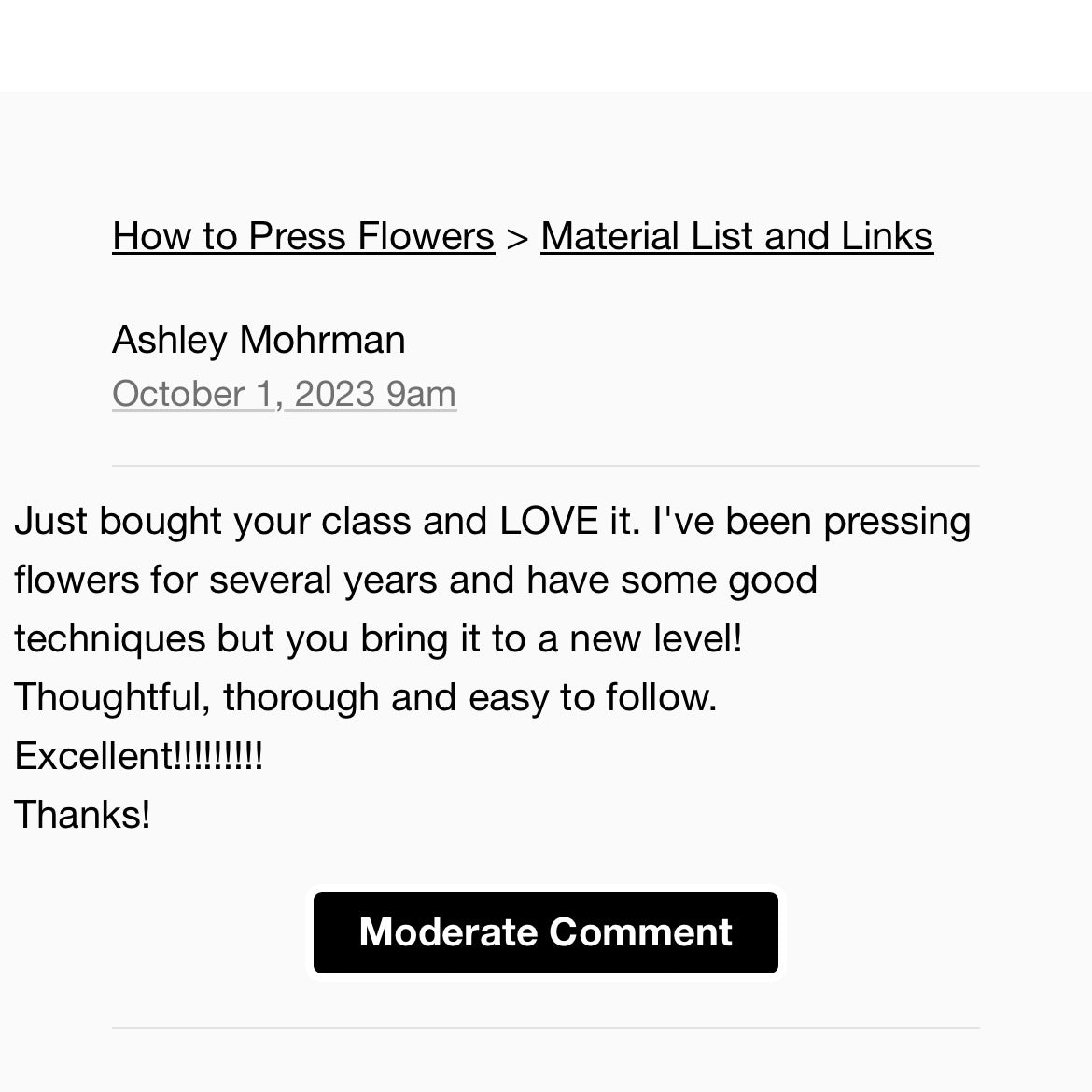 A written review on a Flower Pressing Course that has helped a customer.
