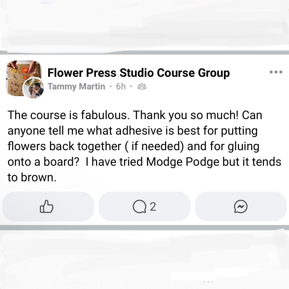 A review from a customer about how great a flower pressing course is.