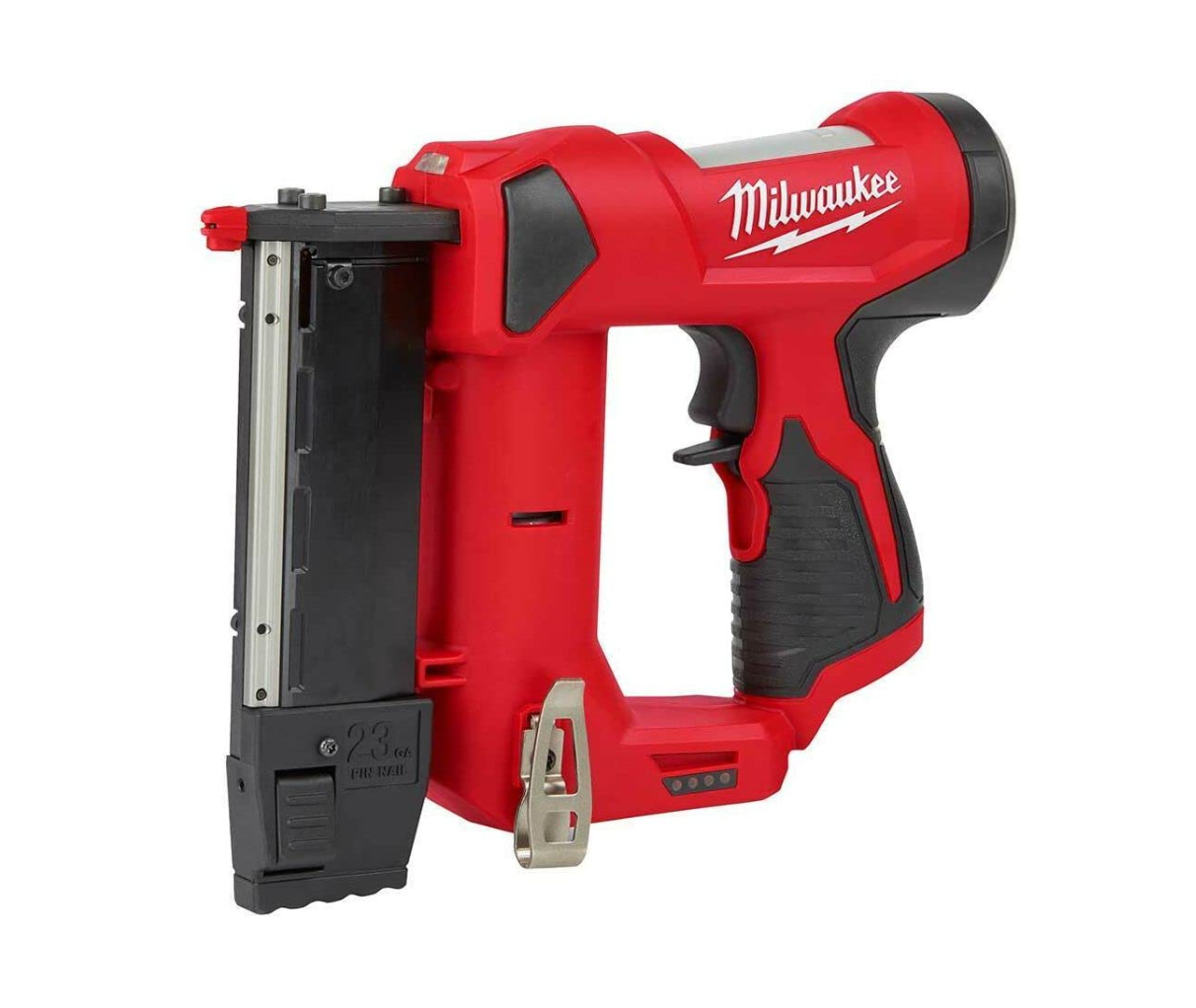 A Milwaukee cordless 23 gauge pin nailer on white background.