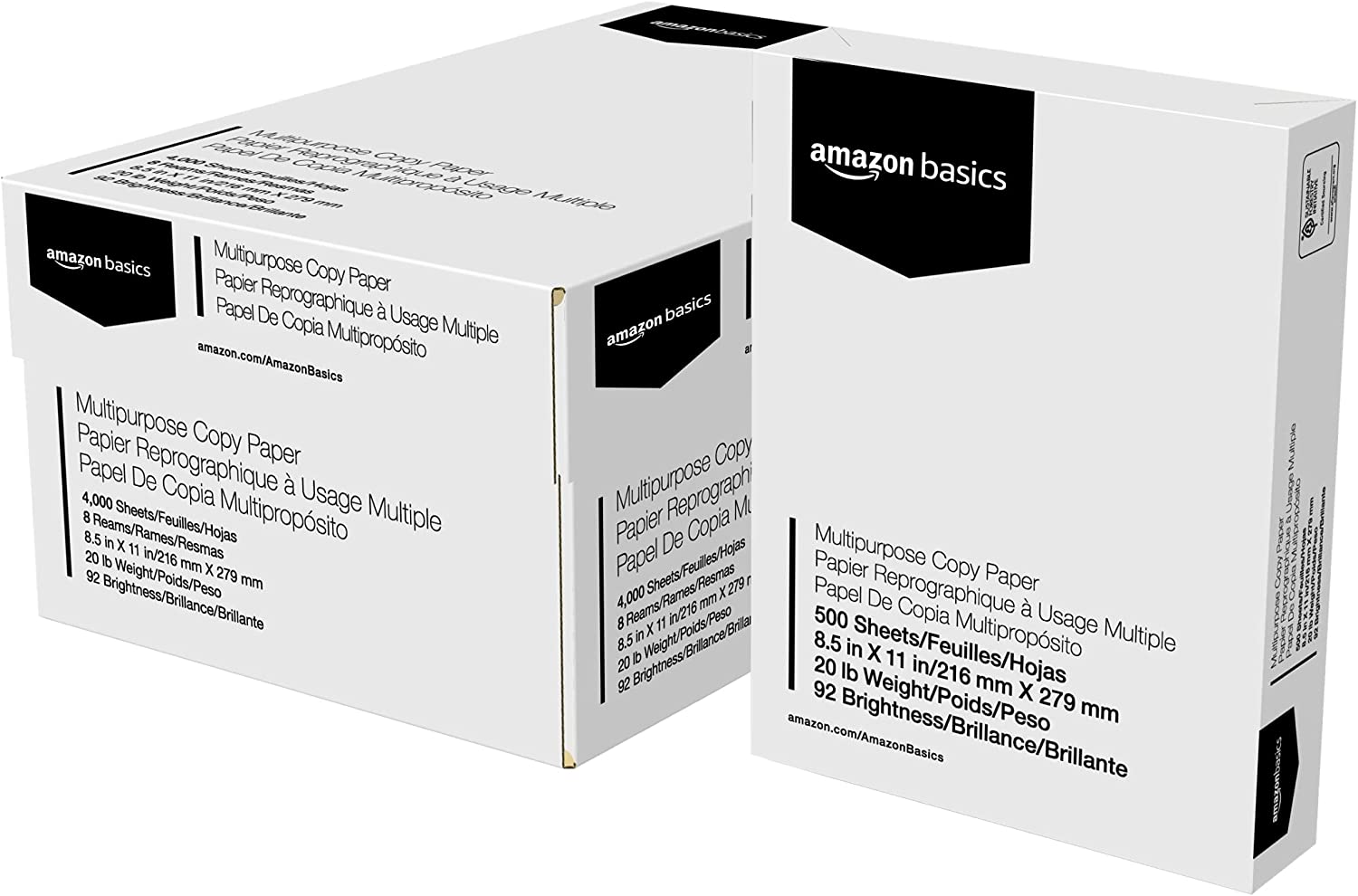 White, blank Amazon copy paper sized 8.5" x 11".
