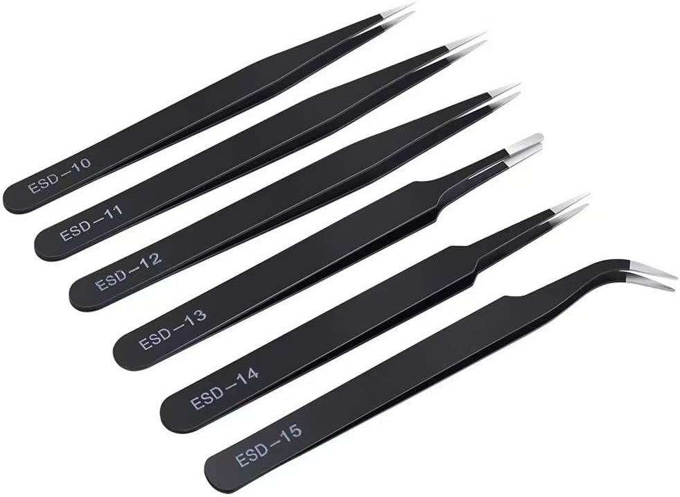 A 6 piece black tweezer set. 